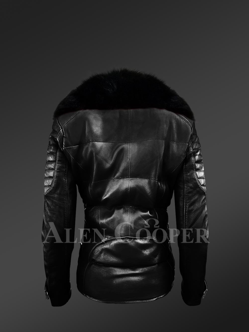 Womens Quilted Black Leather Jacket with Stylish Fox Fur Collar - Image 4