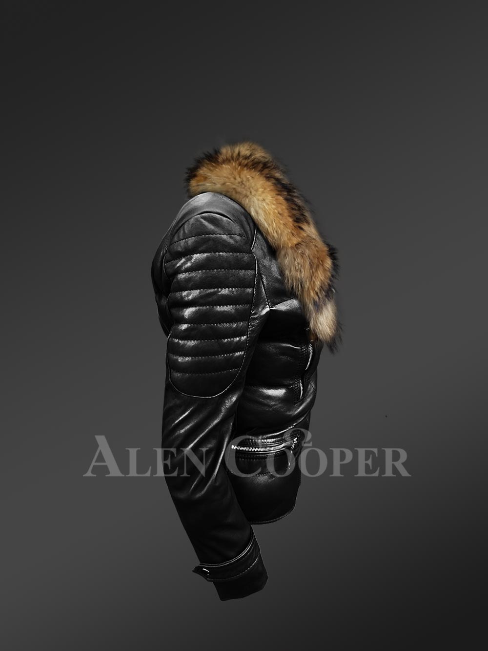 Womens Quilted Leather Biker Jacket with Detachable Raccoon Fur Collar - Image 3