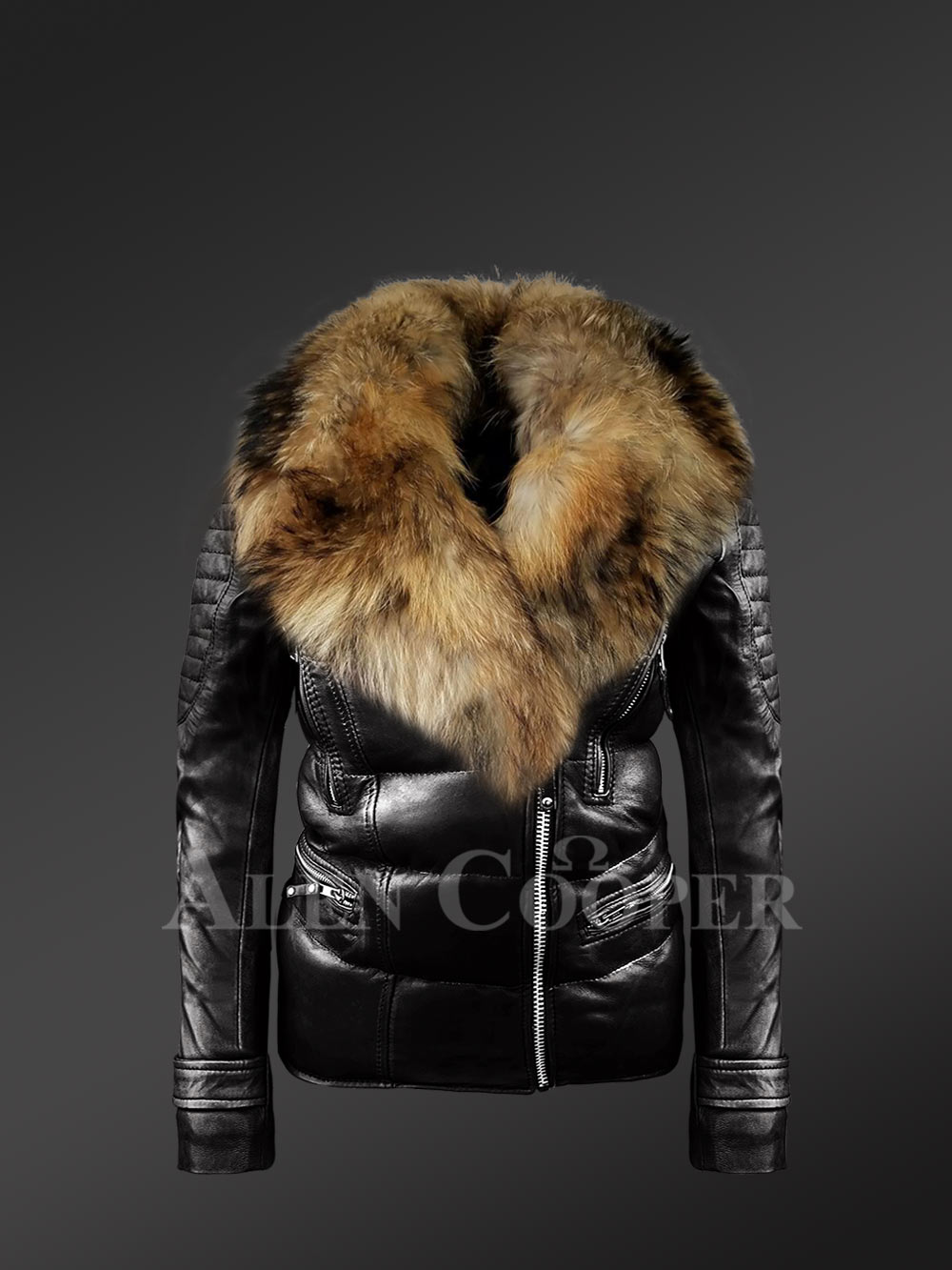 Womens Quilted Leather Biker Jacket with Detachable Raccoon Fur Collar - Image 2