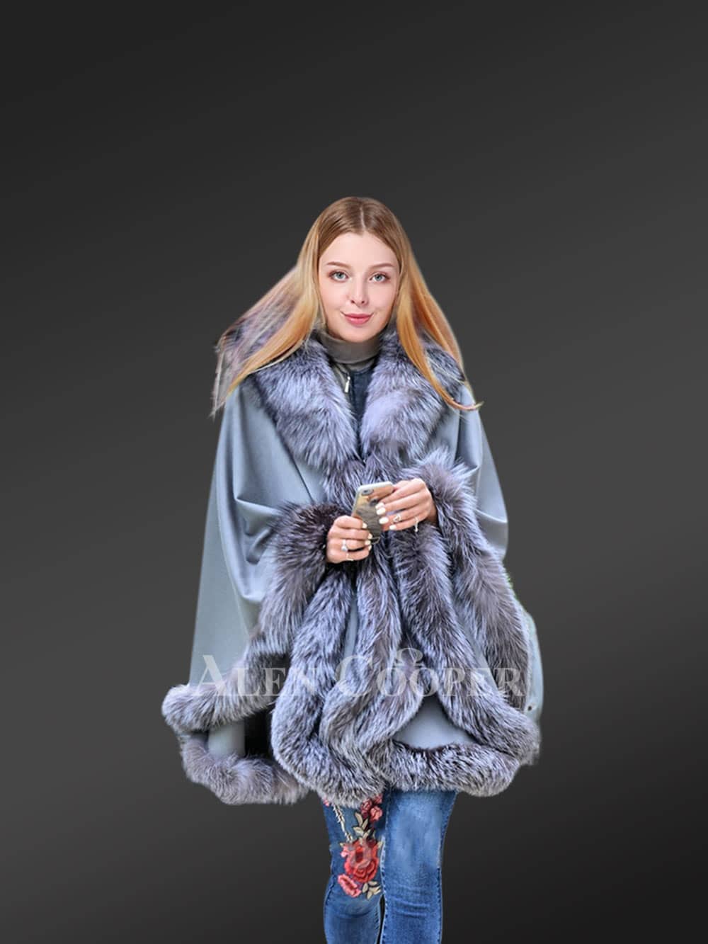 Womens Lambskin Poncho with Fox Fur Accentuation – Fashion-Forward Look with Cozy Warmth - Image 6