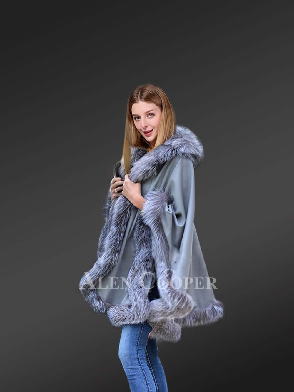 Womens Lambskin Poncho with Fox Fur Accentuation – Fashion-Forward Look with Cozy Warmth - Image 7