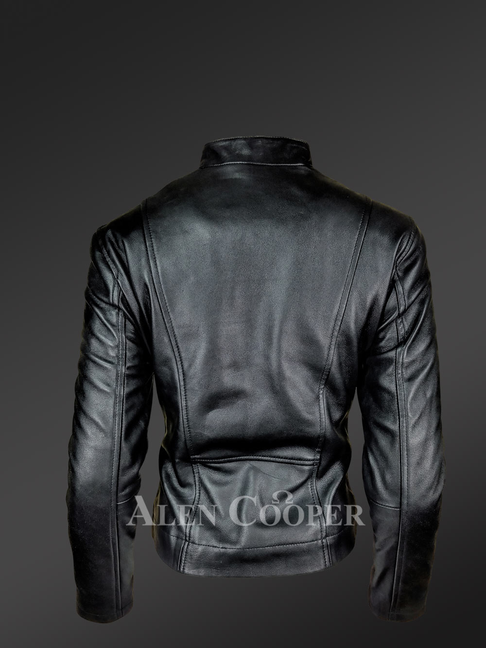 Buttoned neck black leather jacket for women - Image 3