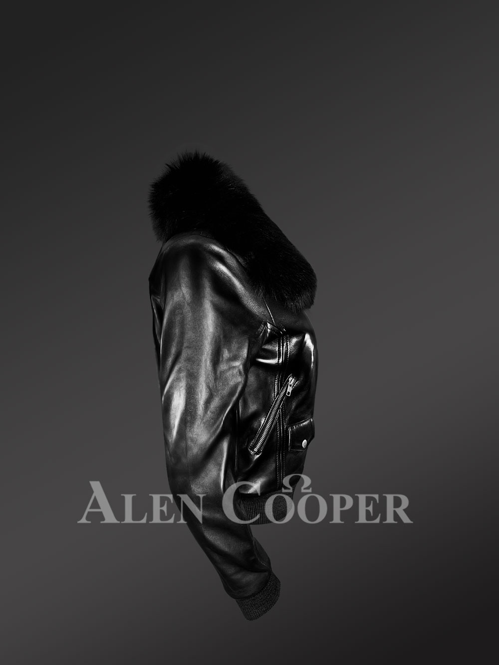 Women’s Slim Fur Bomber with Detachable Fox Fur Collar - Image 3