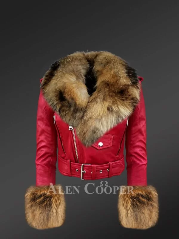 Women’s Authentic Leather Jackets in Burgundy with Removable Fur Collar and Handcuffs - Image 2