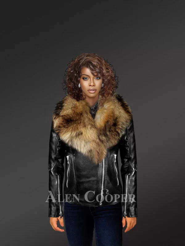 Womens-chic-black-Moto-jacket-with-zip-out-removable-fox-fur-collar