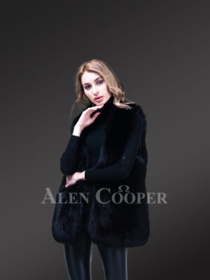 Women’s Mid-Length Genuine Fox Fur Winter Vest in Coal Black