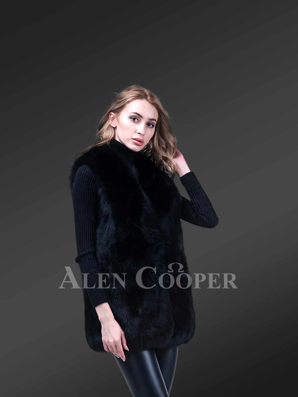 Women’s Mid-Length Genuine Fox Fur Winter Vest in Coal Black - Image 3
