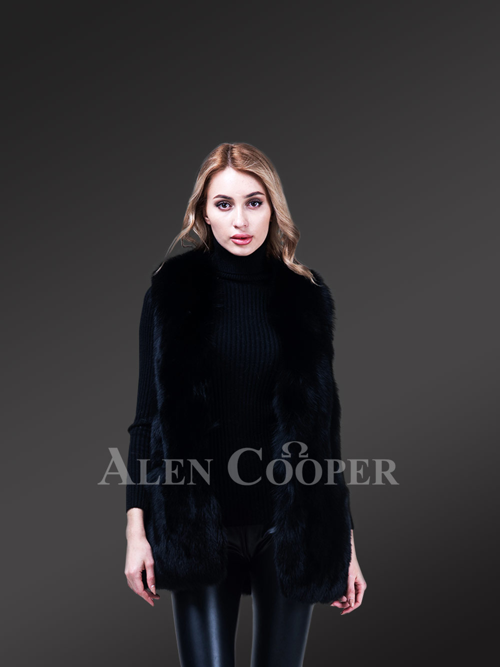 Women’s Mid-Length Genuine Fox Fur Winter Vest in Coal Black - Image 5
