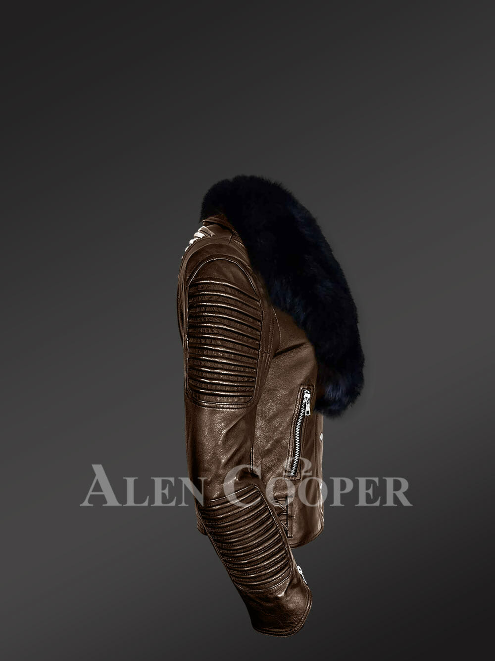 Women’s Plush Coffee Biker Leather Jacket Decked with Black Fox Fur Collar - Image 3