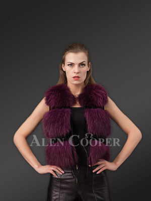 Womens Burgundy Fox Fur Short Vest