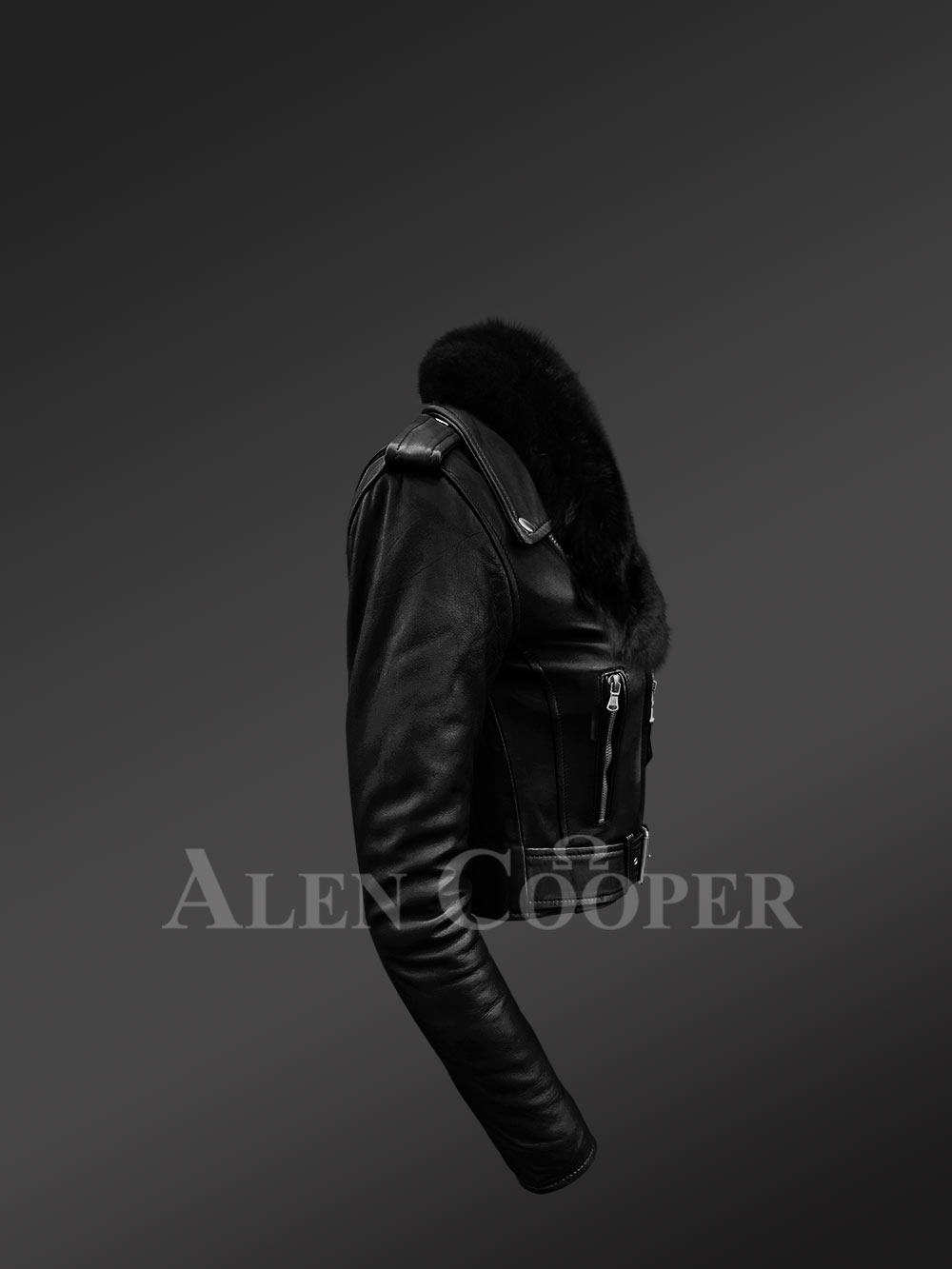 Super Stylish and Trendy Real Leather Black Biker Jacket with Pure Black Fox Fur Collar - Image 5