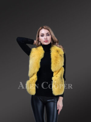 Sleeveless Fox Fur Womens Vest in Yellow- Glamorizing the Wintry Mood