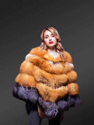 Women’s Stylish And Unique Triangular Poncho Style Multi-Color Real Fur Winter Coat