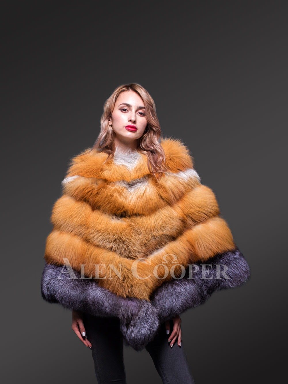 Women’s Stylish And Unique Triangular Poncho Style Multi-Color Real Fur Winter Coat - Image 4