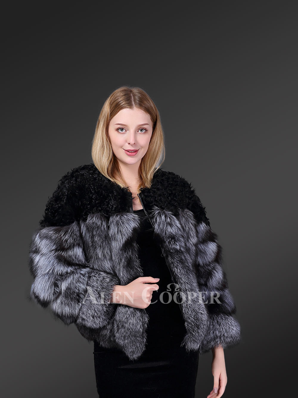 Womens Fox Fur Short Coat With Accentuated Shoulder