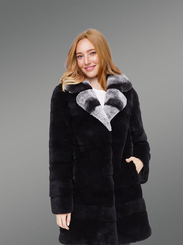 Women’s Long Real Fur Black Warm Winter Fur Coat with Lapel Style Bi-Color Collar - Image 4