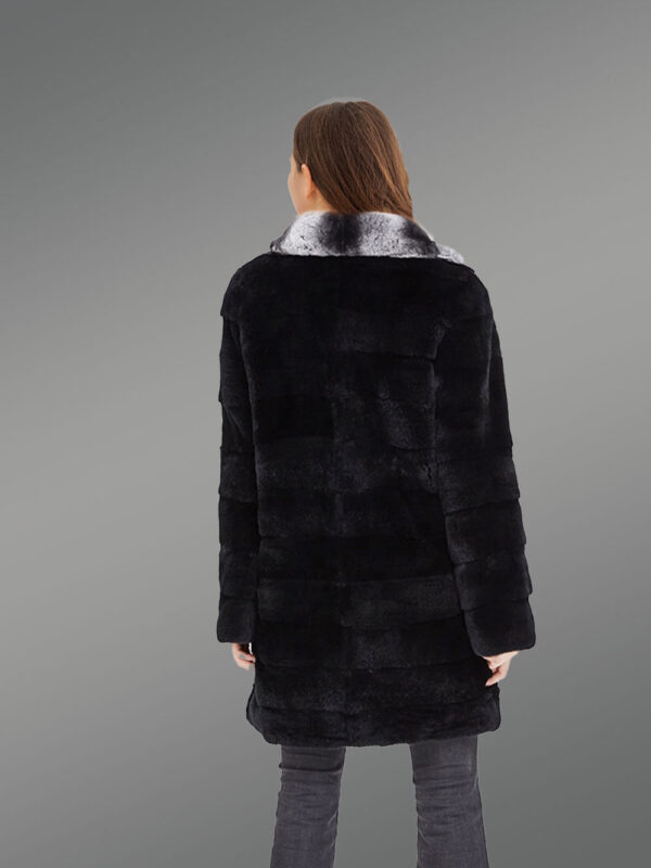 Women’s Long Real Fur Black Warm Winter Fur Coat with Lapel Style Bi-Color Collar - Image 5