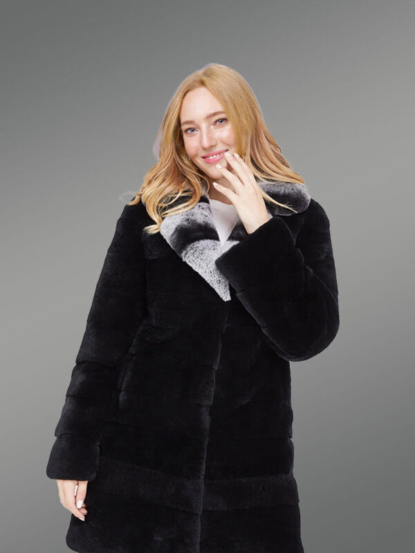 Women’s Long Real Fur Black Warm Winter Fur Coat with Lapel Style Bi-Color Collar - Image 3