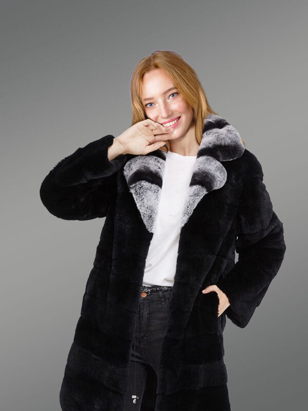 Women’s Long Real Fur Black Warm Winter Fur Coat with Lapel Style Bi-Color Collar - Image 2