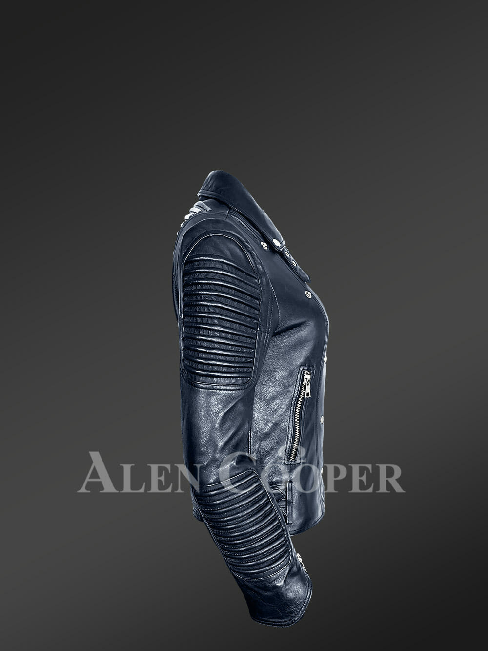 Women's Hand-Made Navy Italian-Finish Biker Jacket with Detachable Black Fox Fur Collar - Image 5