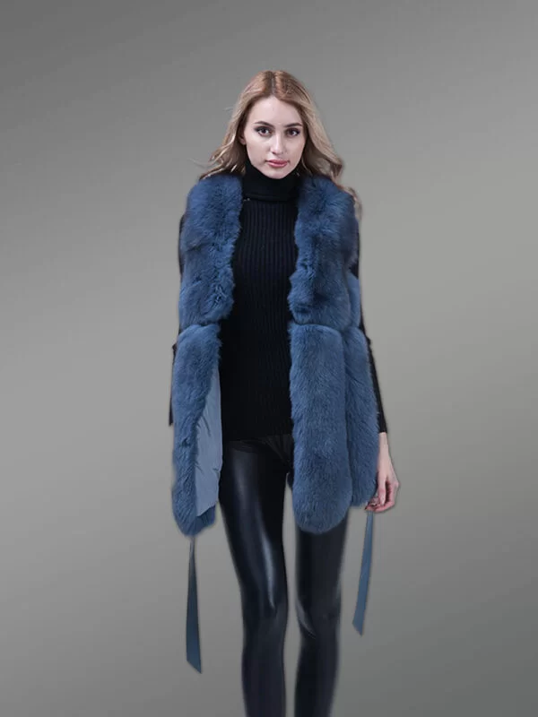 Stylish and Unique Real Fox Fur Incredibly Warm Winter Vest for Women in Blue - Image 4