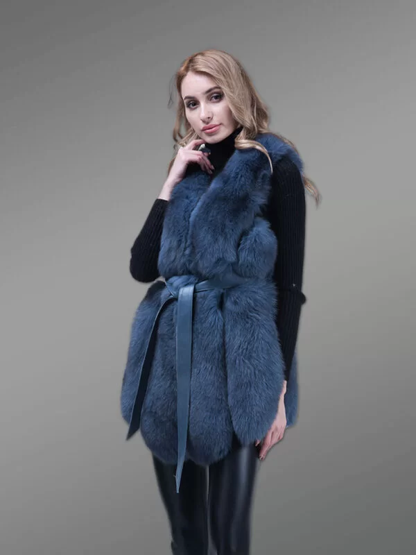 Stylish and Unique Real Fox Fur Incredibly Warm Winter Vest for Women in Blue - Image 5