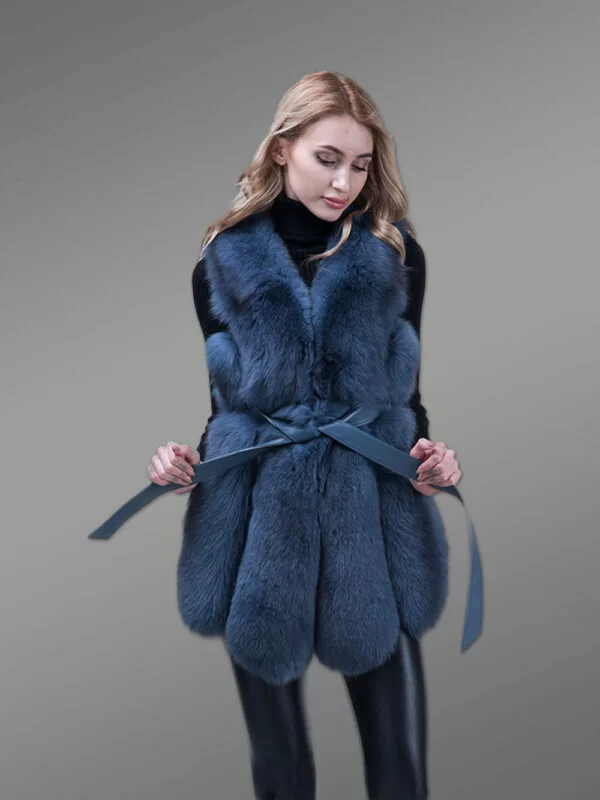 Stylish and Unique Real Fox Fur Incredibly Warm Winter Vest for Women in Blue - Image 2