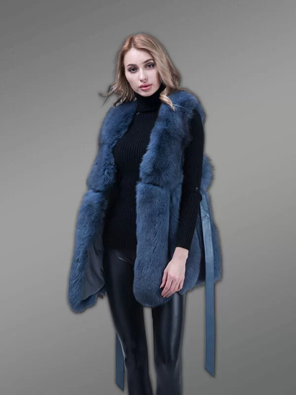 Stylish and Unique Real Fox Fur Incredibly Warm Winter Vest for Women in Blue - Image 3