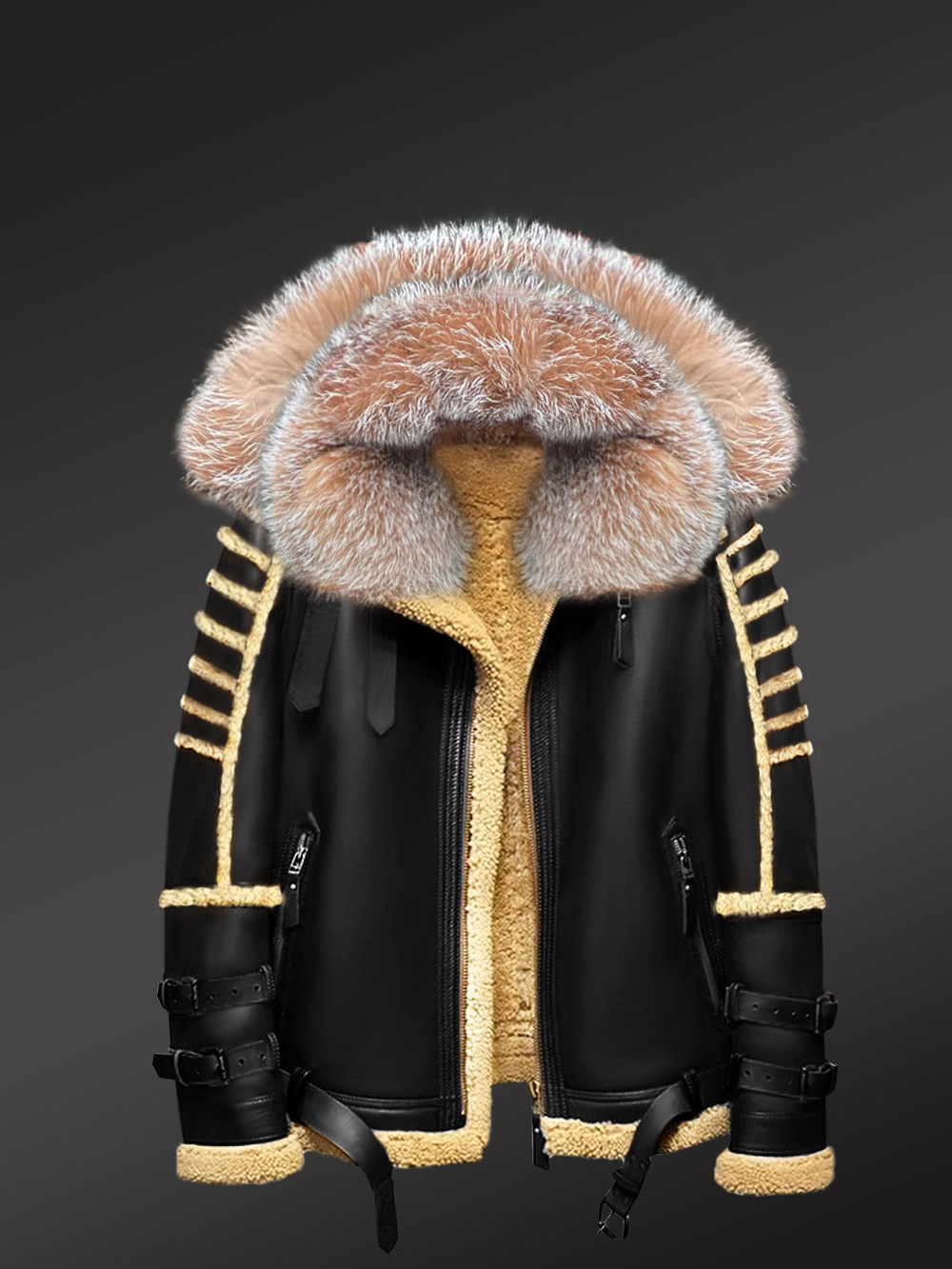 Mens Shearling Jacket with Fur Hood for Best Protection in Winter - Image 2