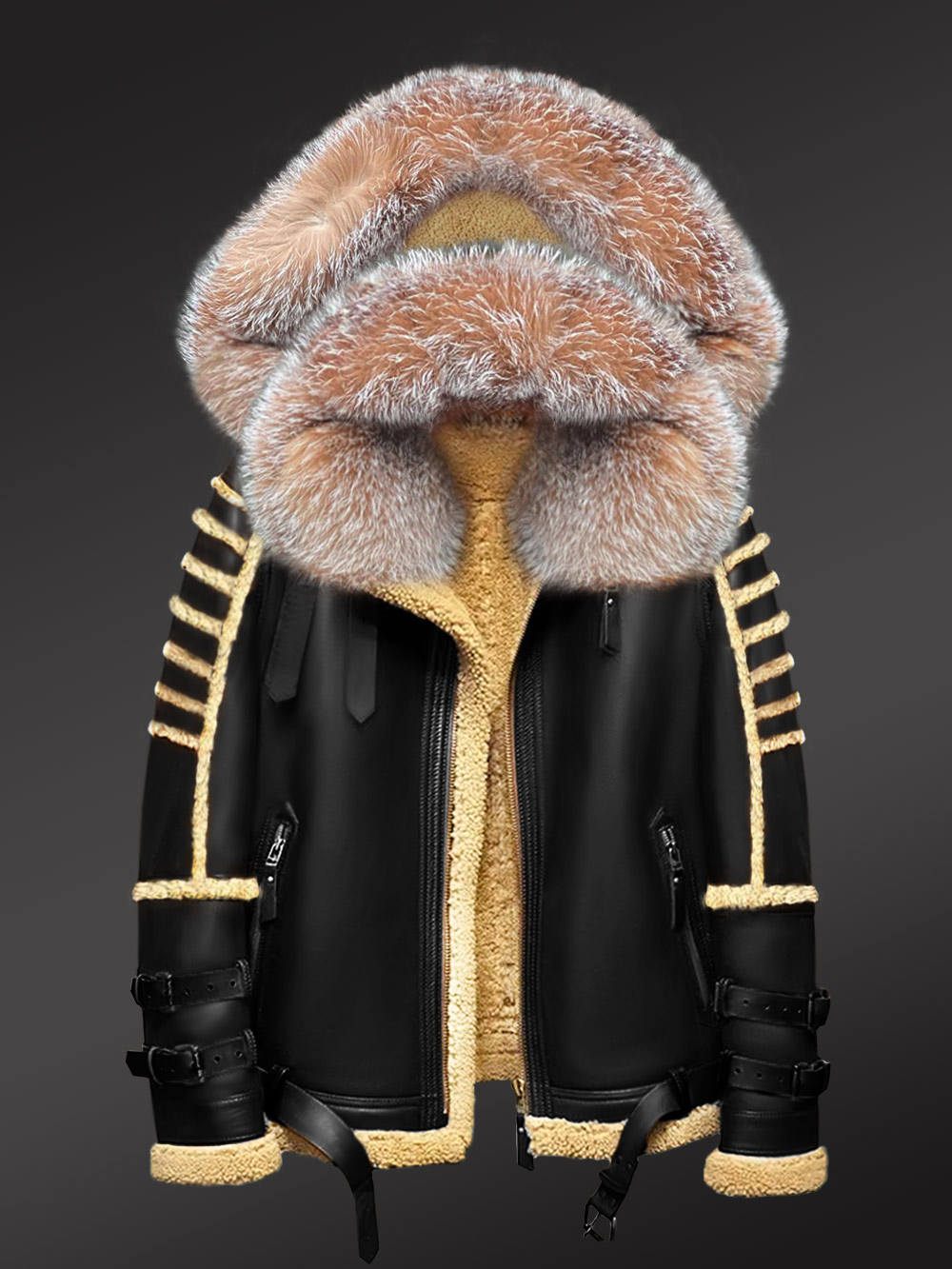 Mens Shearling Jacket with Fur Hood for Best Protection in Winter - Image 3