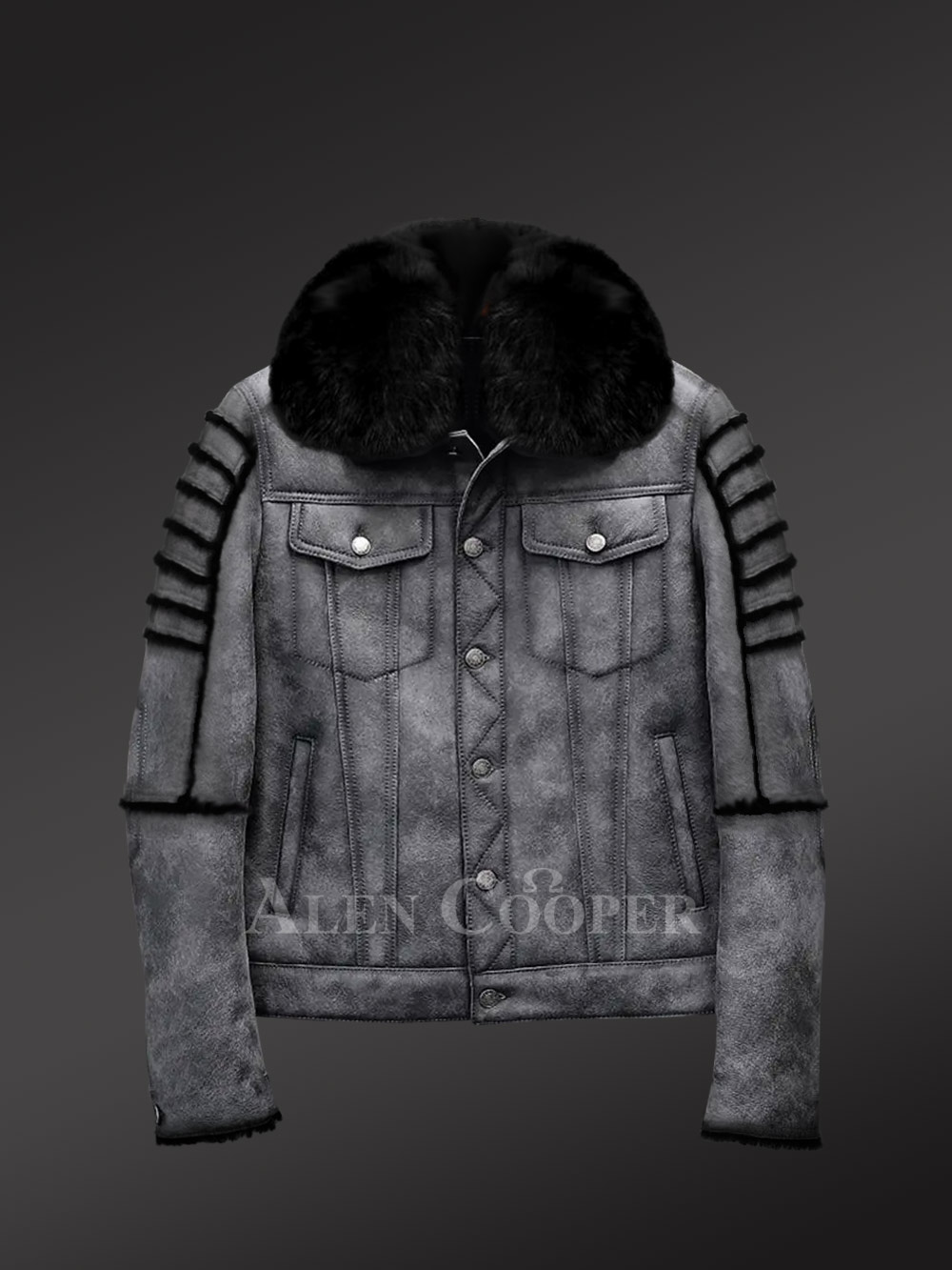 Men’s Shearling Coat in Grey With Black fox fur and Hood - Image 3