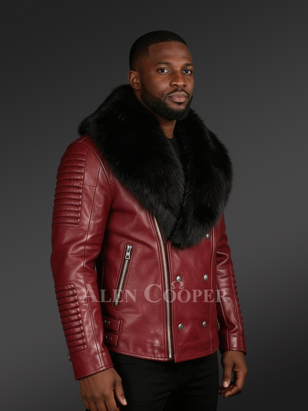 Wine Leather Moto Jacket With Fox Fur Collar - Image 3