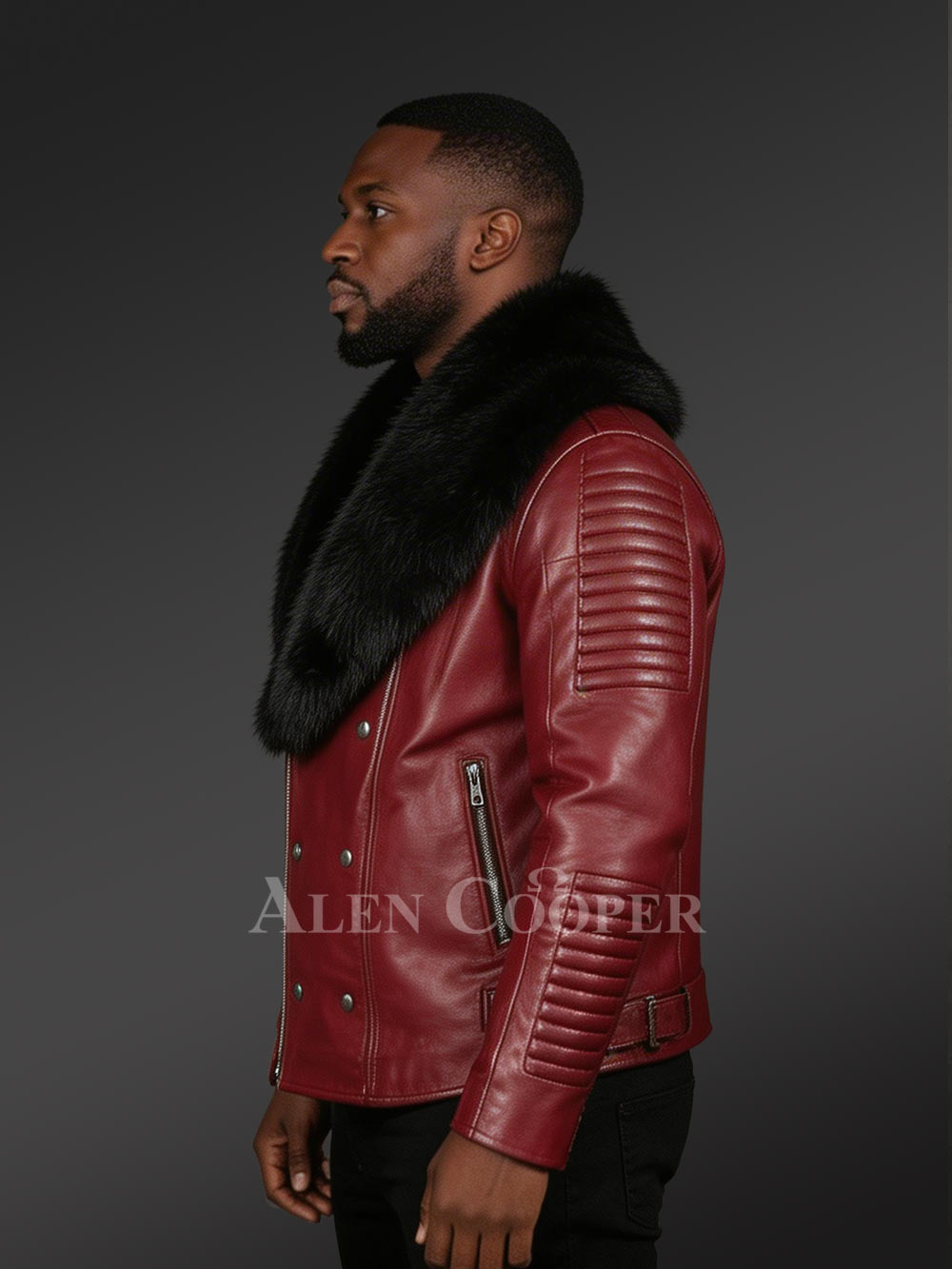 Wine Leather Moto Jacket With Fox Fur Collar - Image 2