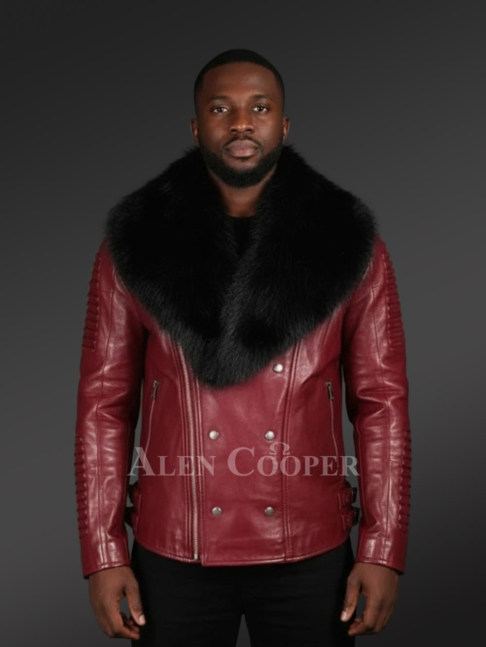 Wine Leather Moto Jacket With Fox Fur Collar