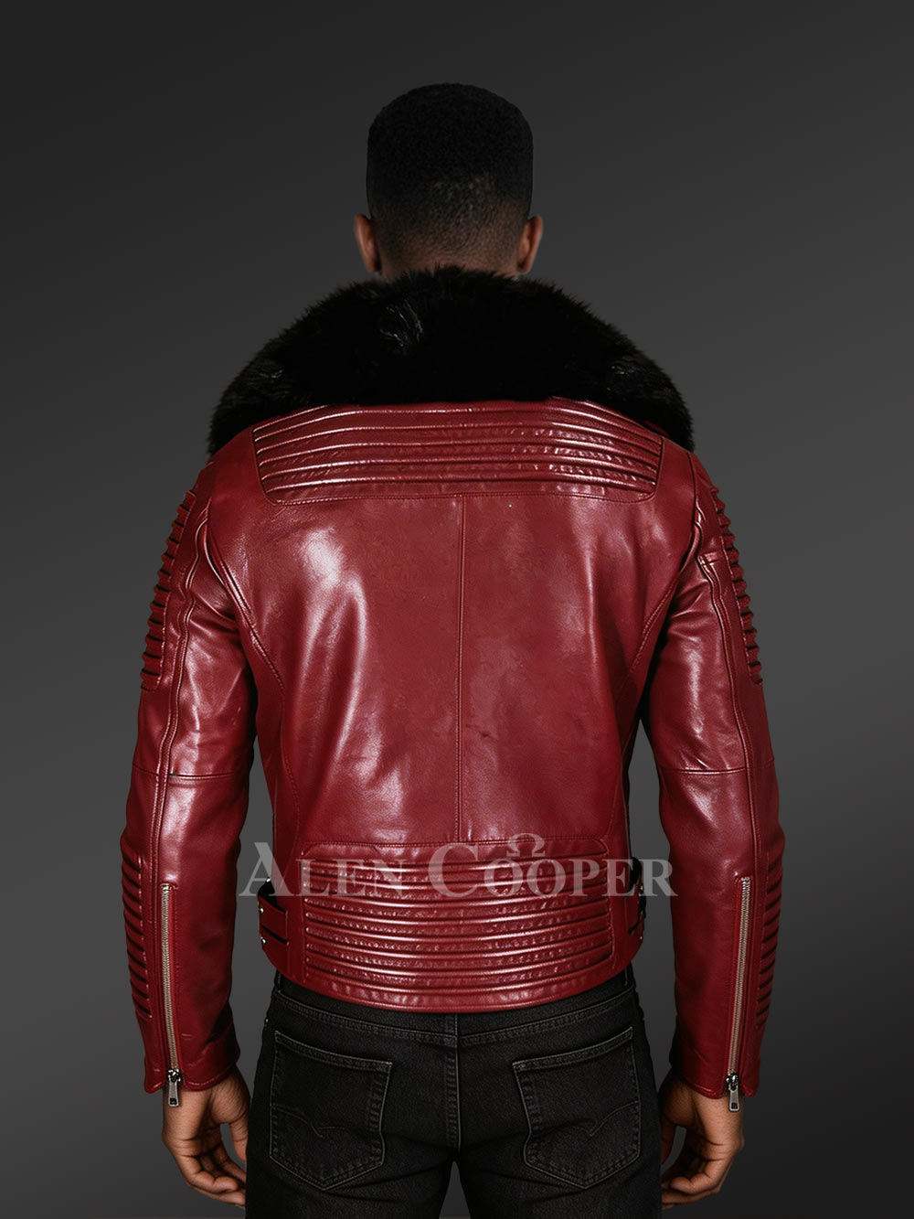Wine Leather Moto Jacket With Fox Fur Collar - Image 4
