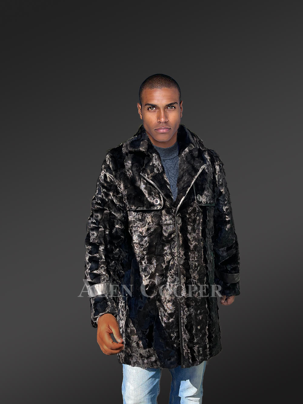 Men Mink Long Coat in Black - Image 4