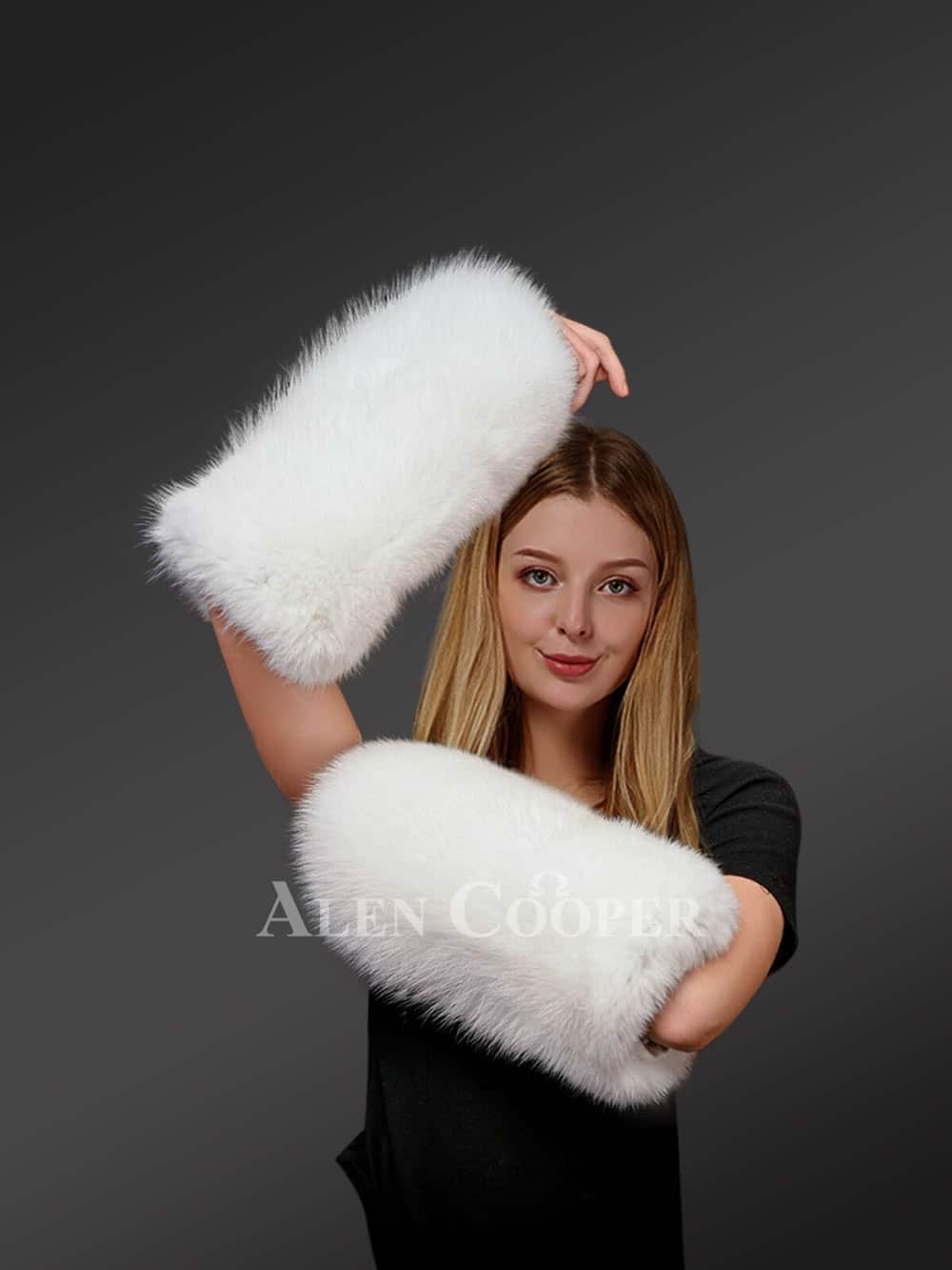 Fox Fur Hand Warmers in White - Image 2