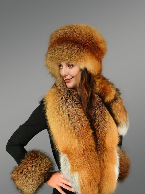 Fox Fur Stylish Scarf with Hat and Wristband