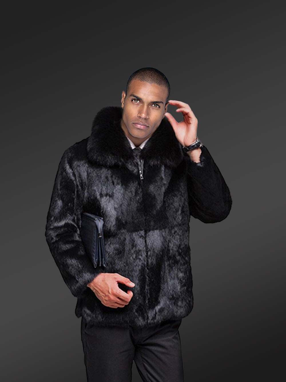 Men’s Authentic Rabbit Fur Coat with Fox Fur Collar in Black - Image 2