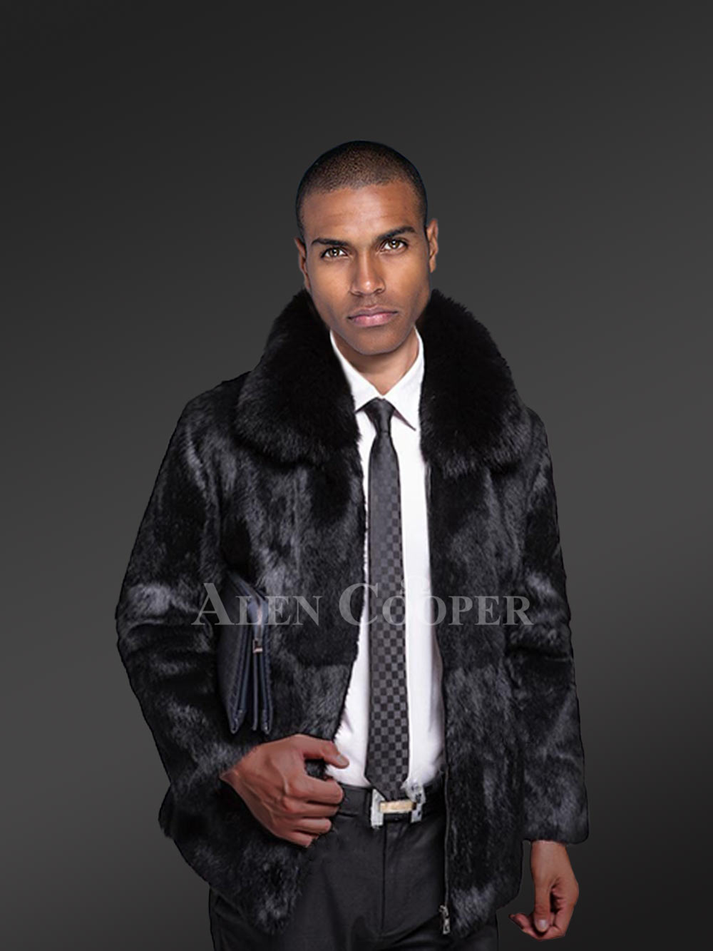 Men’s Authentic Rabbit Fur Coat with Fox Fur Collar in Black - Image 4