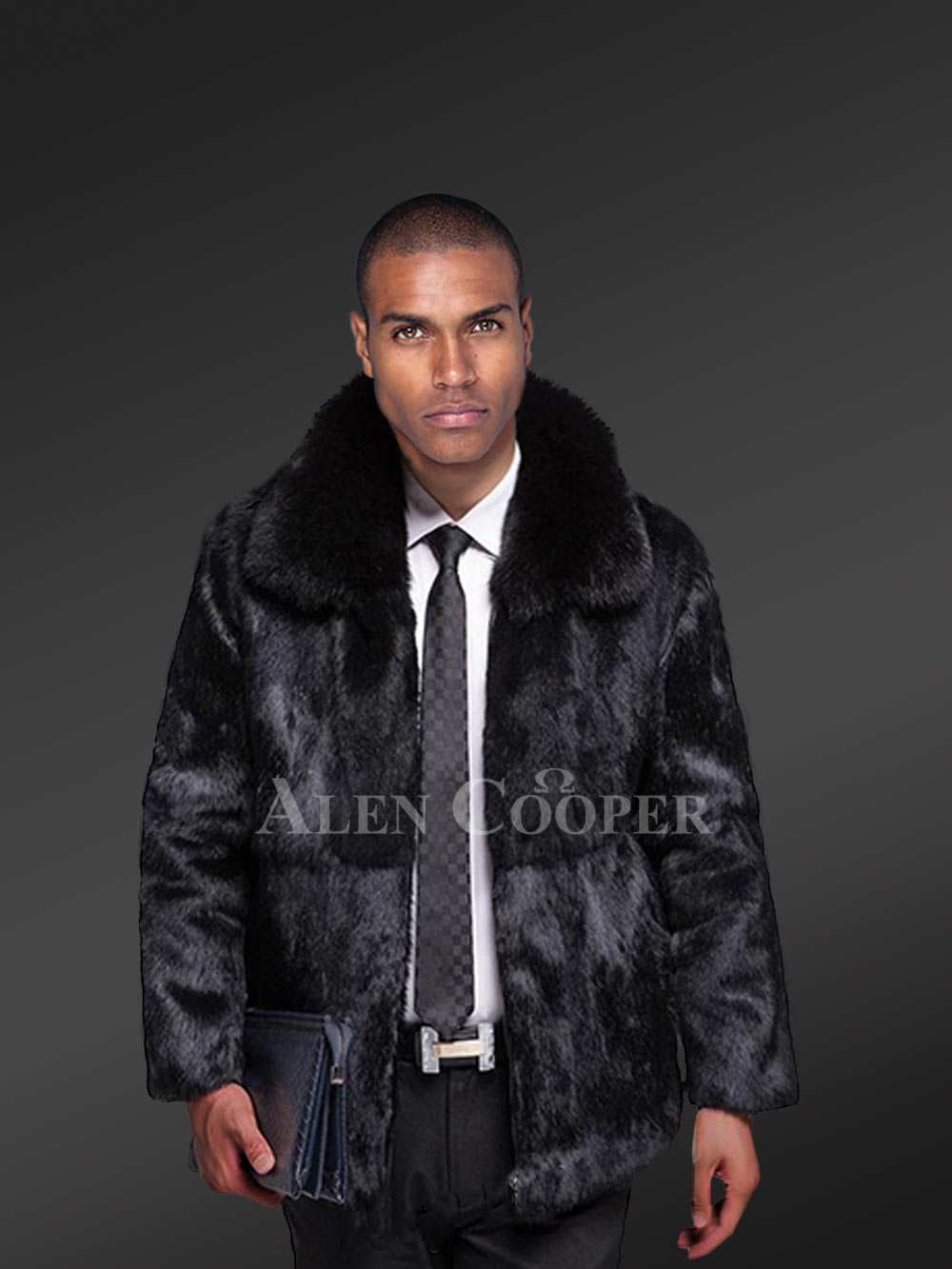 Men’s Authentic Rabbit Fur Coat with Fox Fur Collar in Black - Image 3