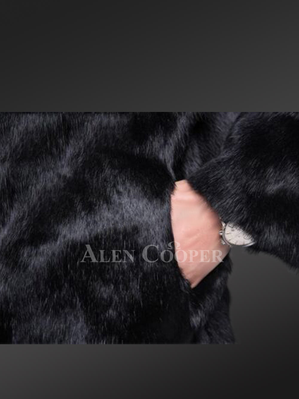 Men’s Authentic Rabbit Fur Coat with Fox Fur Collar in Black - Image 5
