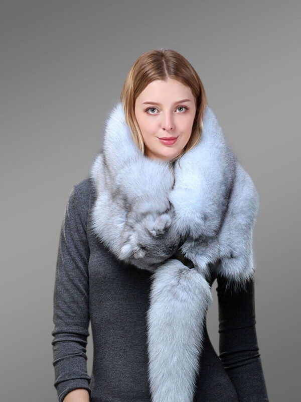 Blue Fox Fur Scarf with fox face lookalike for Women