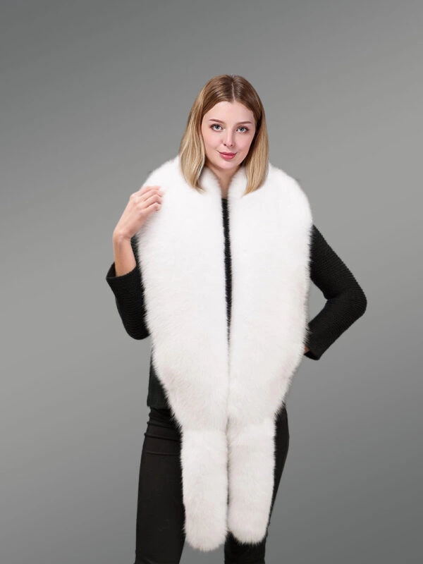 Arctic Fox Fur Long Scarf Collar with Tail