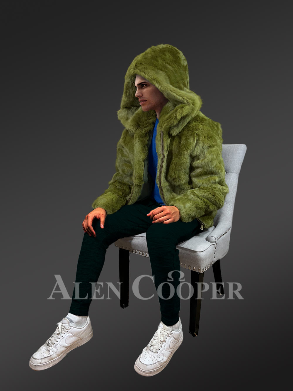 Men’s Authentic Rabbit Fur Coat in Olive - Image 7