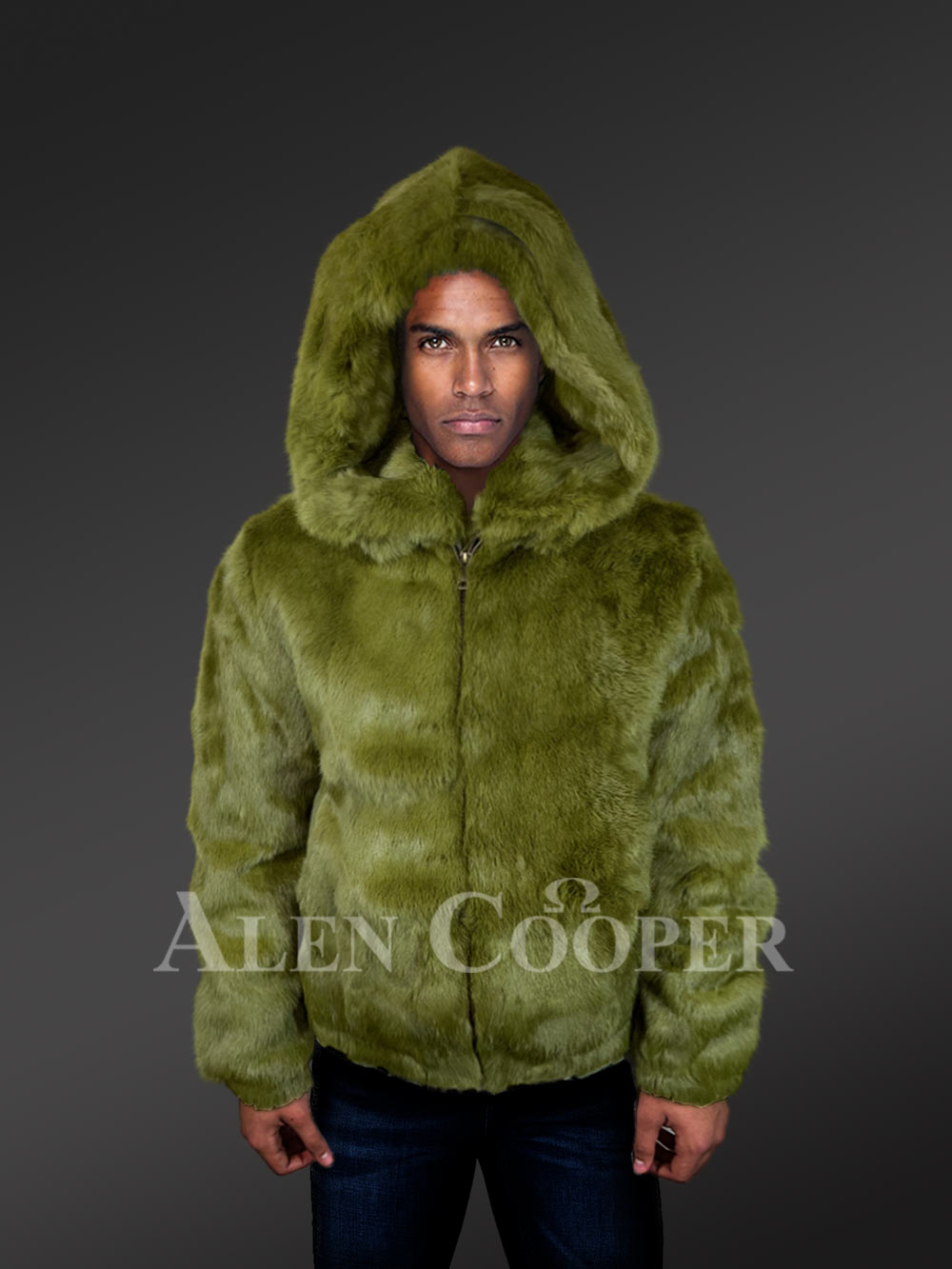 Men’s Authentic Rabbit Fur Coat in Olive - Image 2