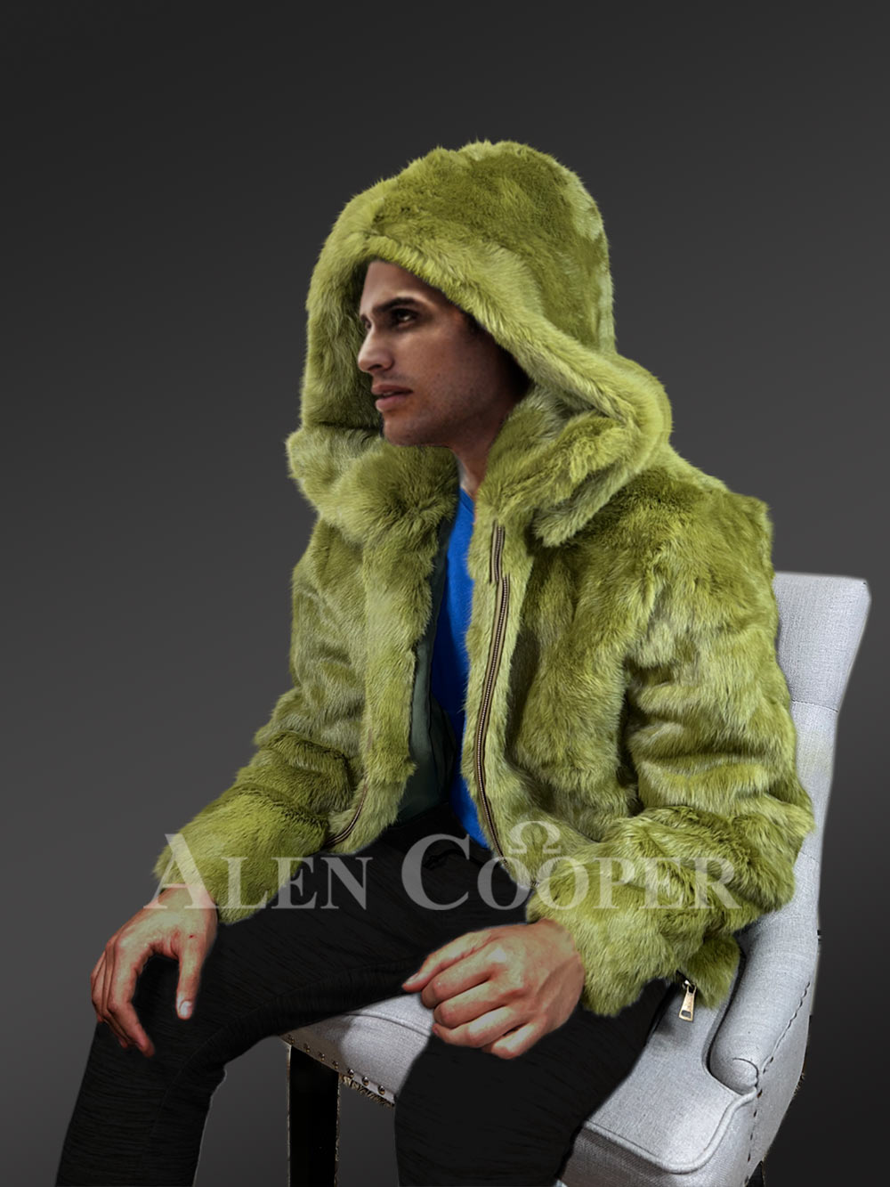 Men’s Authentic Rabbit Fur Coat in Olive - Image 5