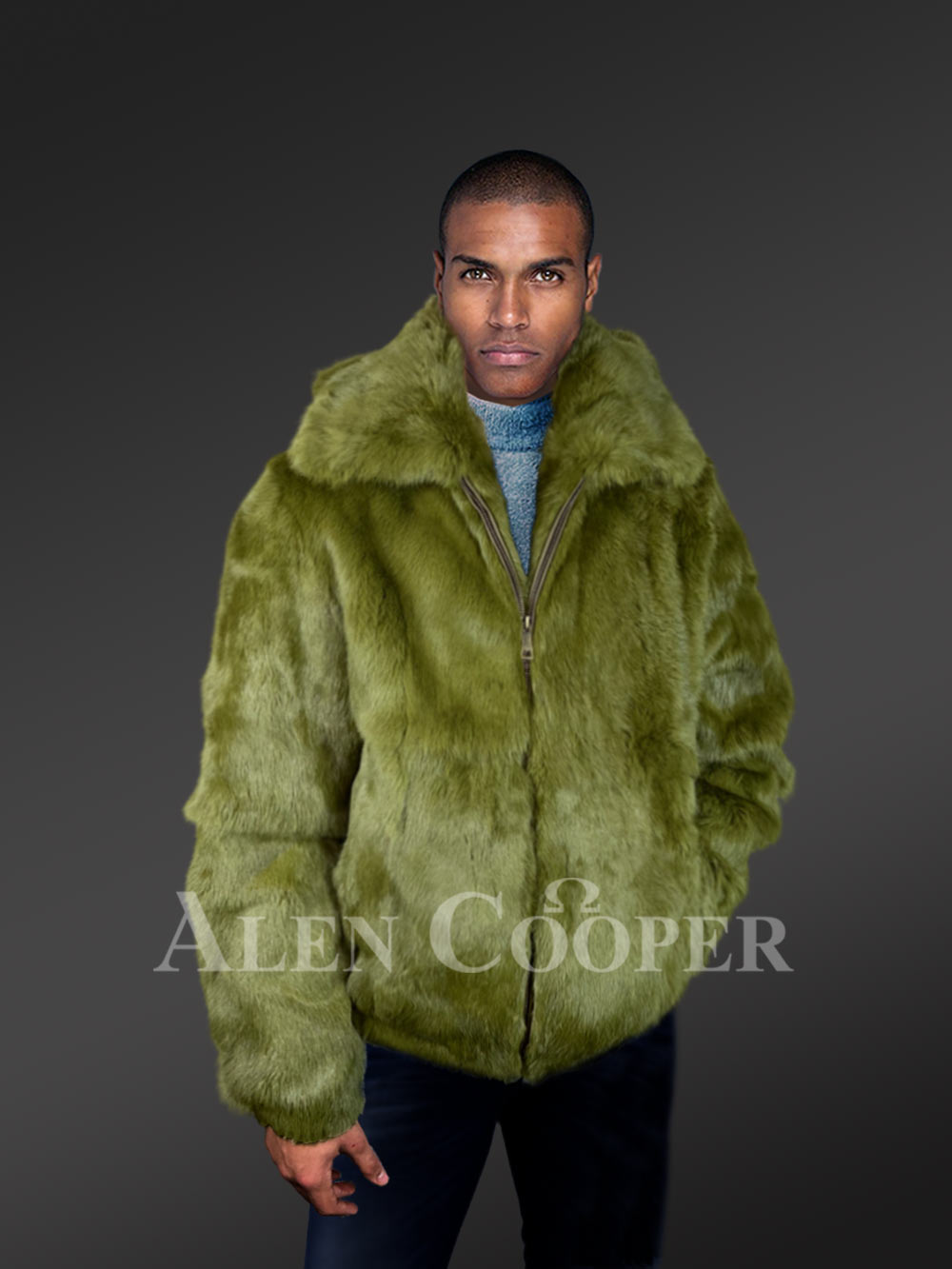 Men’s Authentic Rabbit Fur Coat in Olive - Image 4