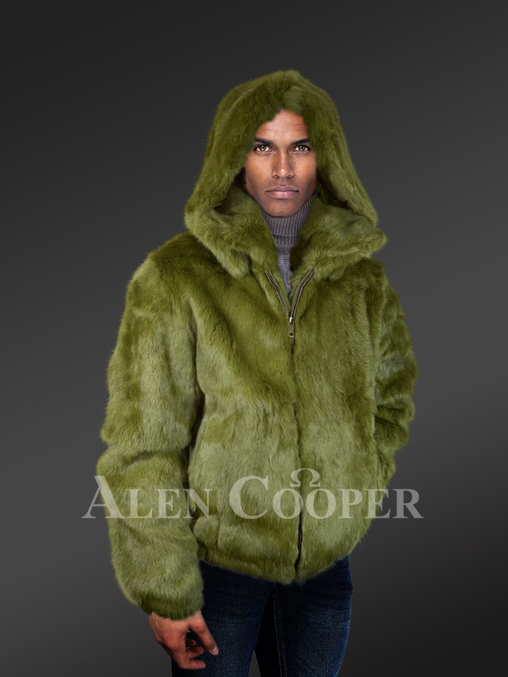 Men’s Authentic Rabbit Fur Coat in Olive - Image 6
