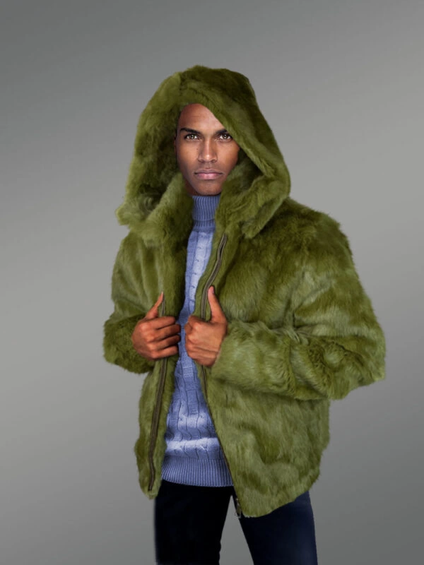 Men’s Authentic Rabbit Fur Coat in Olive - Image 4